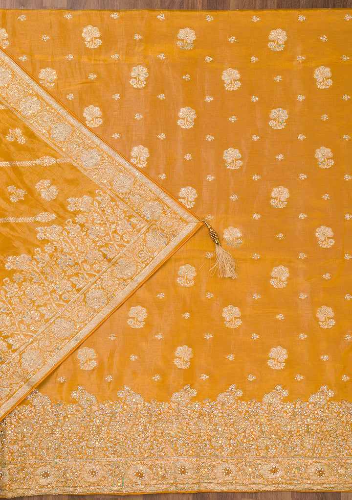 Mustard Zariwork Semi Crepe Unstitched Salwar Suit