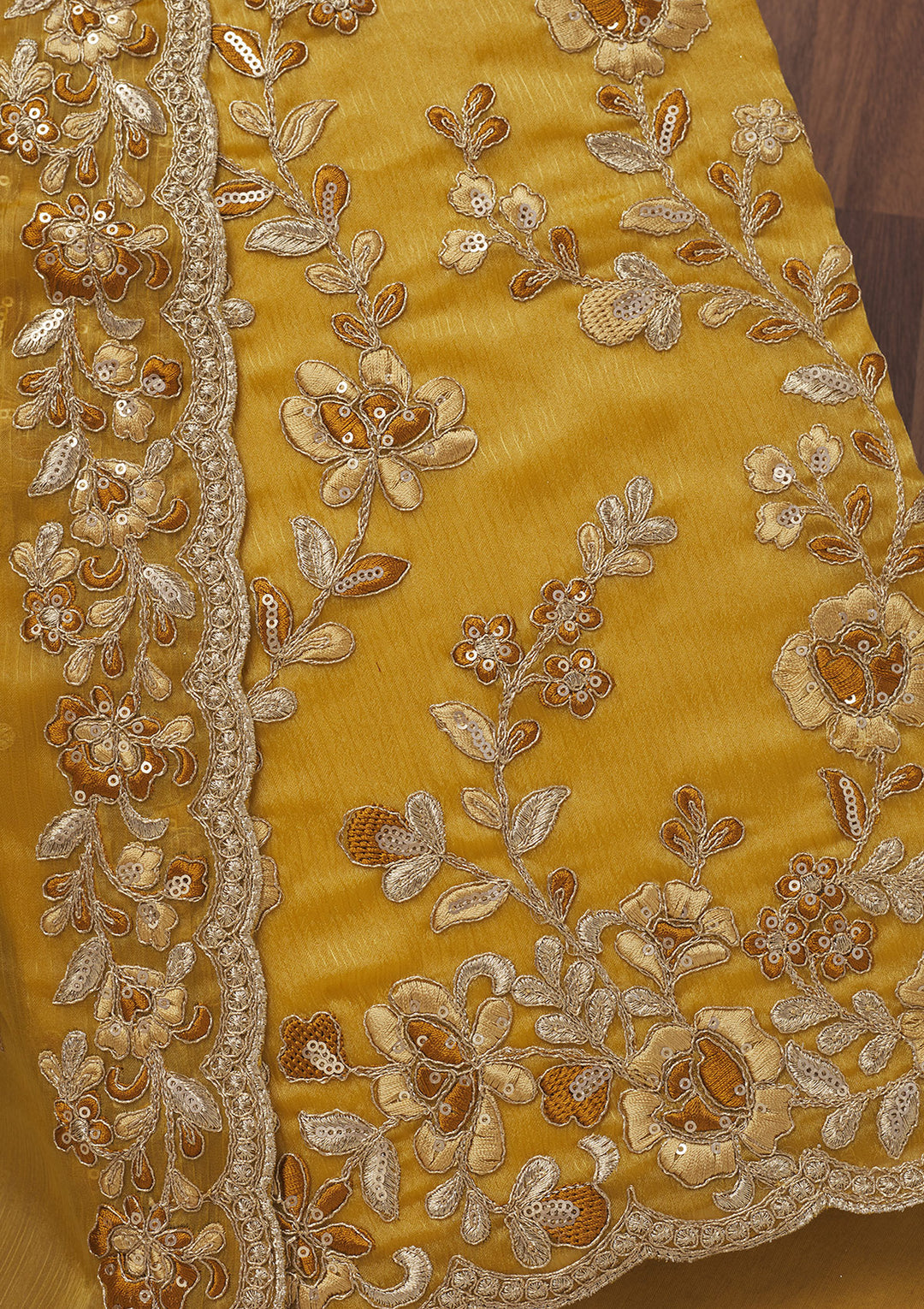 Mustard Zariwork Semi Crepe Unstitched Salwar Suit