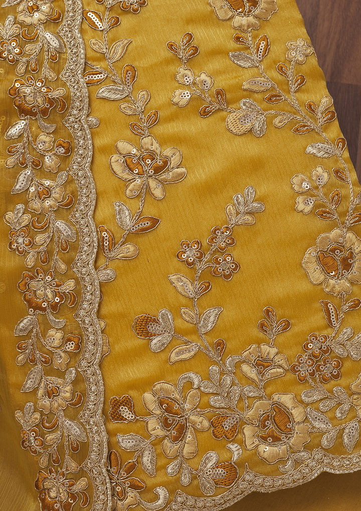 Mustard Zariwork Semi Crepe Unstitched Salwar Suit