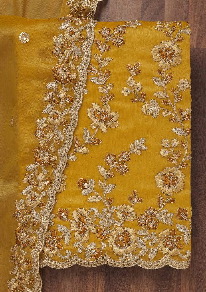 Mustard Zariwork Semi Crepe Unstitched Salwar Suit