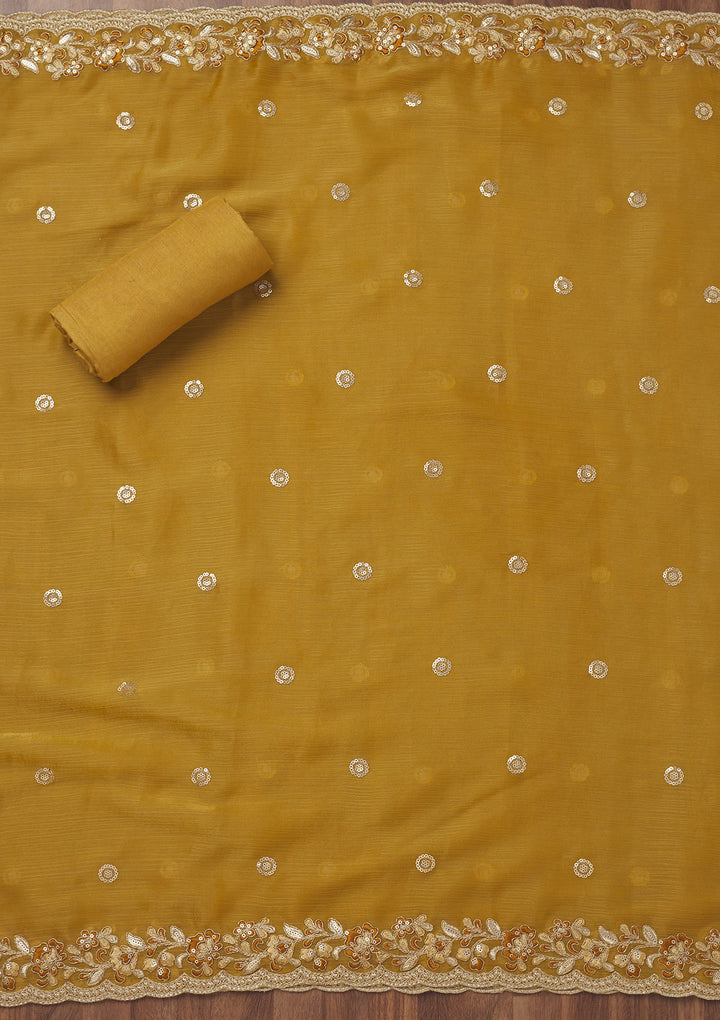 Mustard Zariwork Semi Crepe Unstitched Salwar Suit