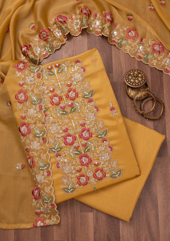 Mustard Zariwork Semi Crepe Unstitched Salwar Suit