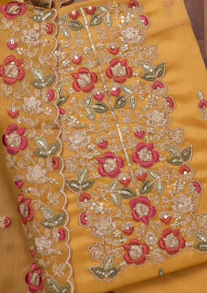 Mustard Zariwork Semi Crepe Unstitched Salwar Suit