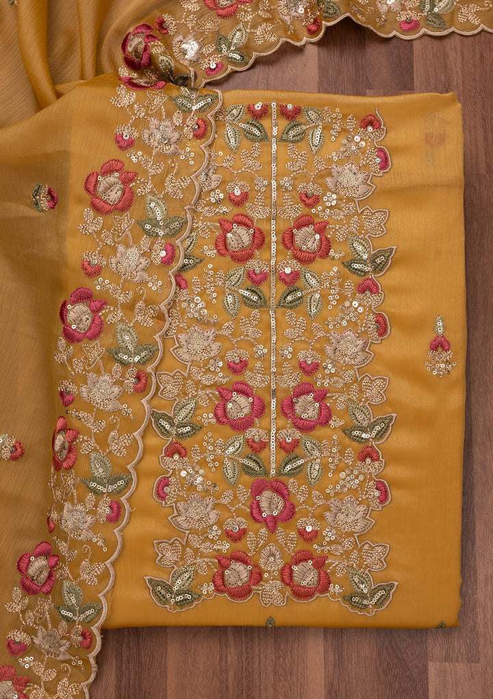 Mustard Zariwork Semi Crepe Unstitched Salwar Suit