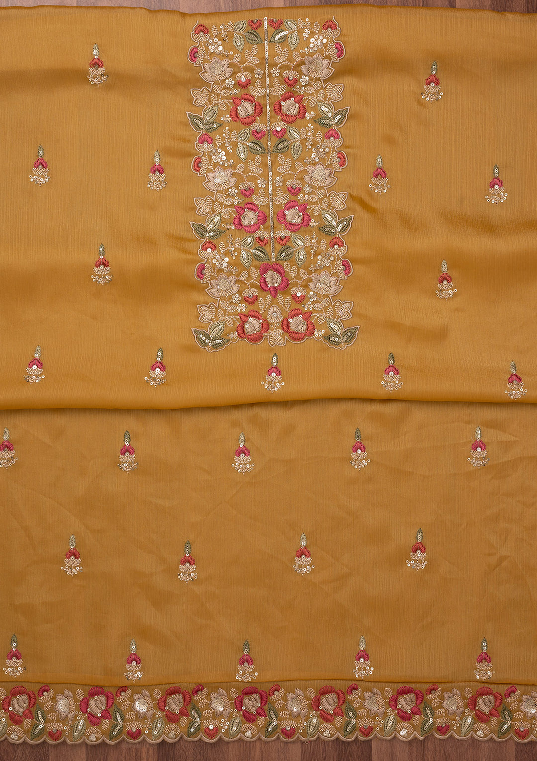 Mustard Zariwork Semi Crepe Unstitched Salwar Suit
