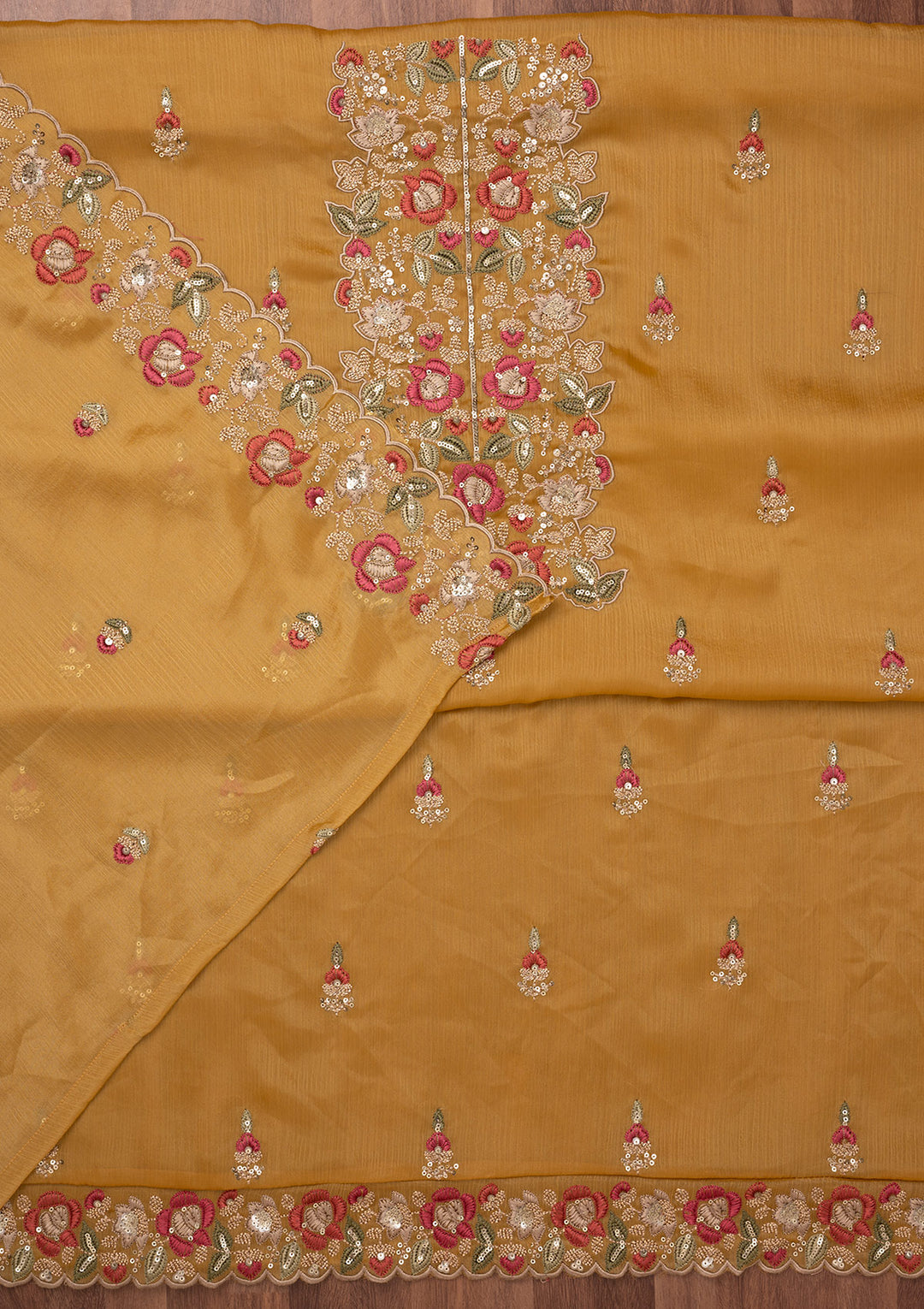 Mustard Zariwork Semi Crepe Unstitched Salwar Suit