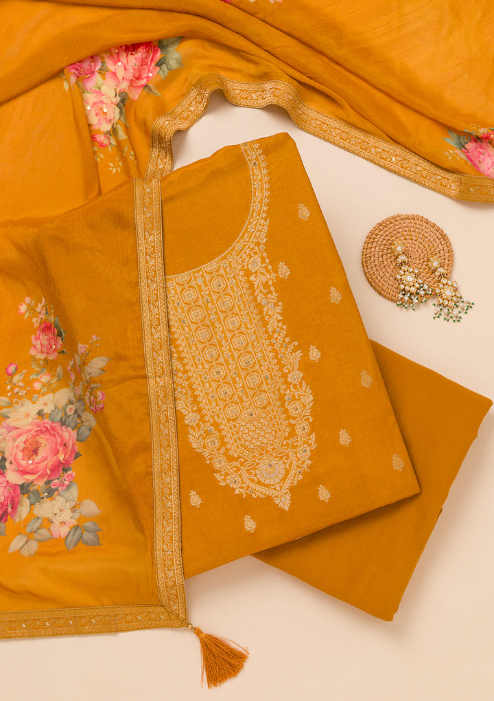 Mustard Zariwork Semi Crepe Unstitched Salwar Suit