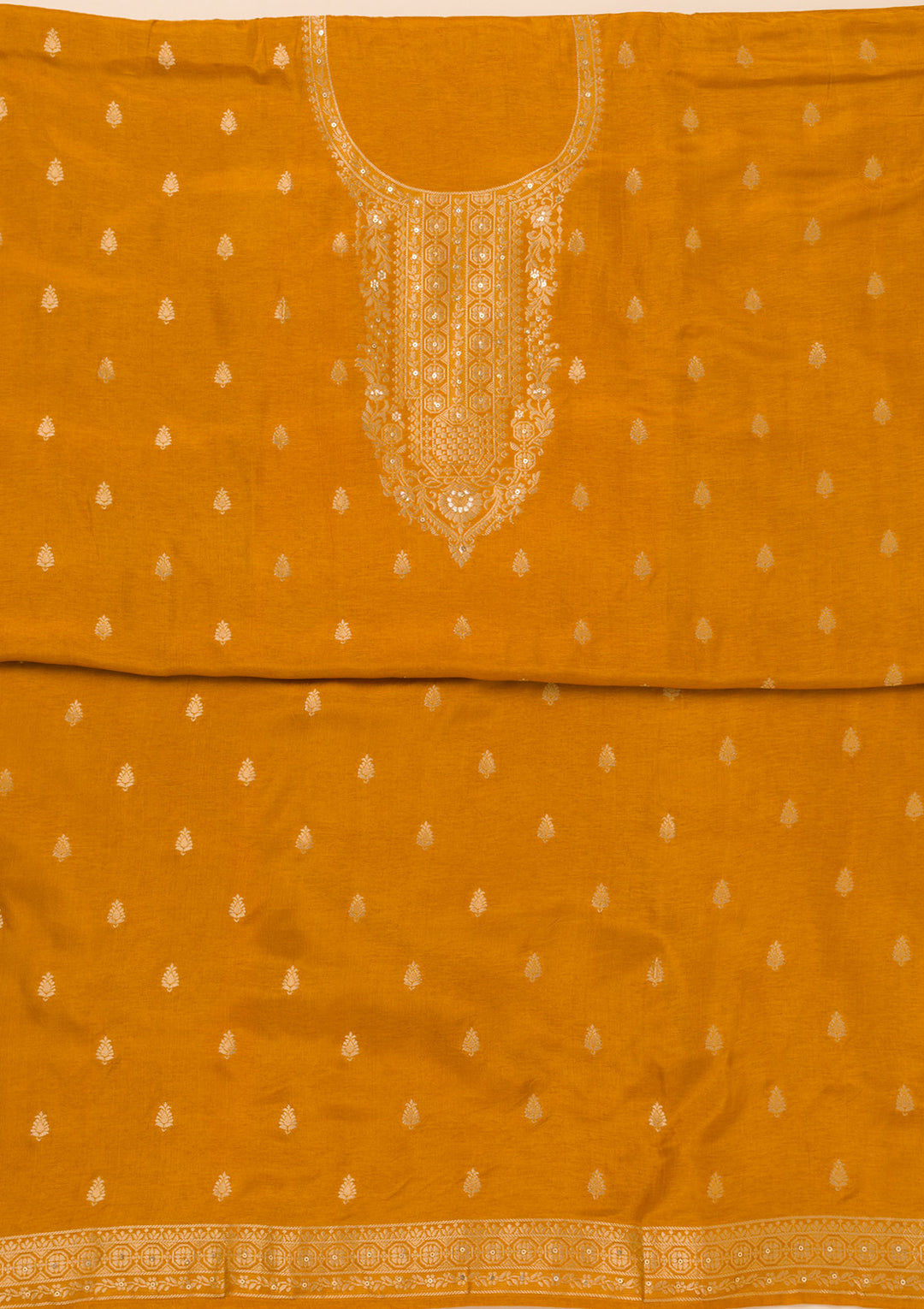 Mustard Zariwork Semi Crepe Unstitched Salwar Suit