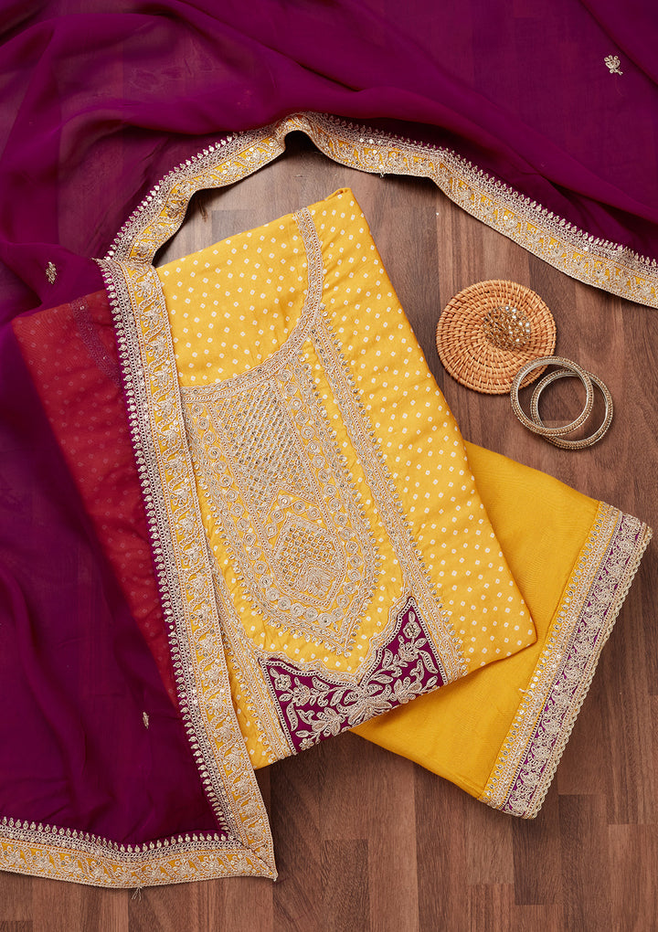 Mustard Zariwork Semi Crepe Unstitched Salwar Suit