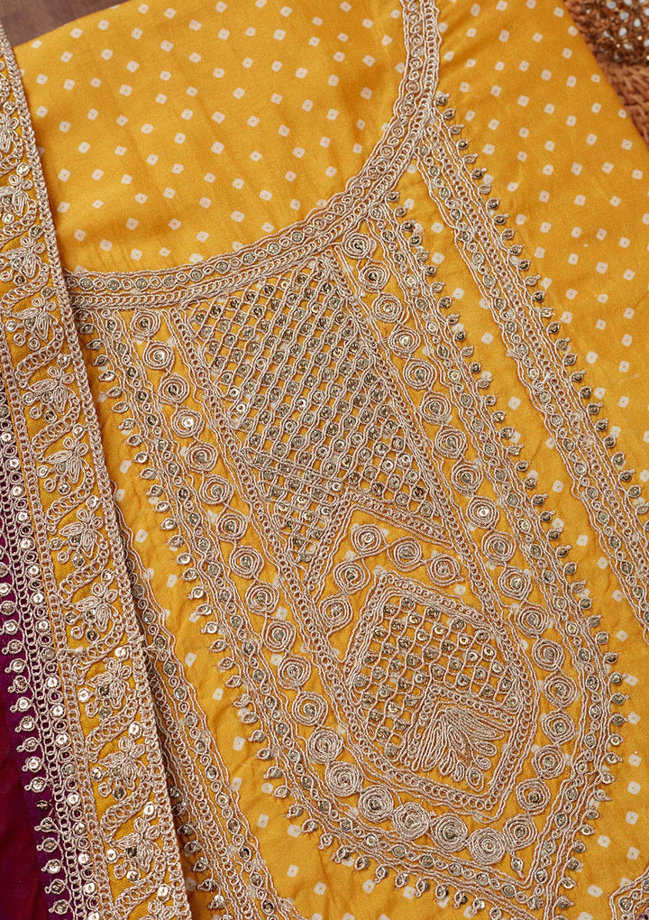 Mustard Zariwork Semi Crepe Unstitched Salwar Suit