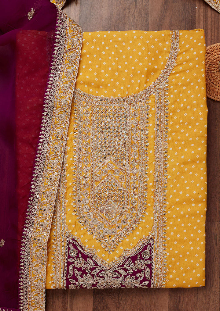 Mustard Zariwork Semi Crepe Unstitched Salwar Suit