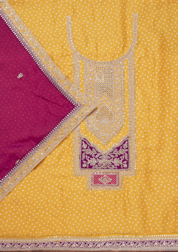Mustard Zariwork Semi Crepe Unstitched Salwar Suit