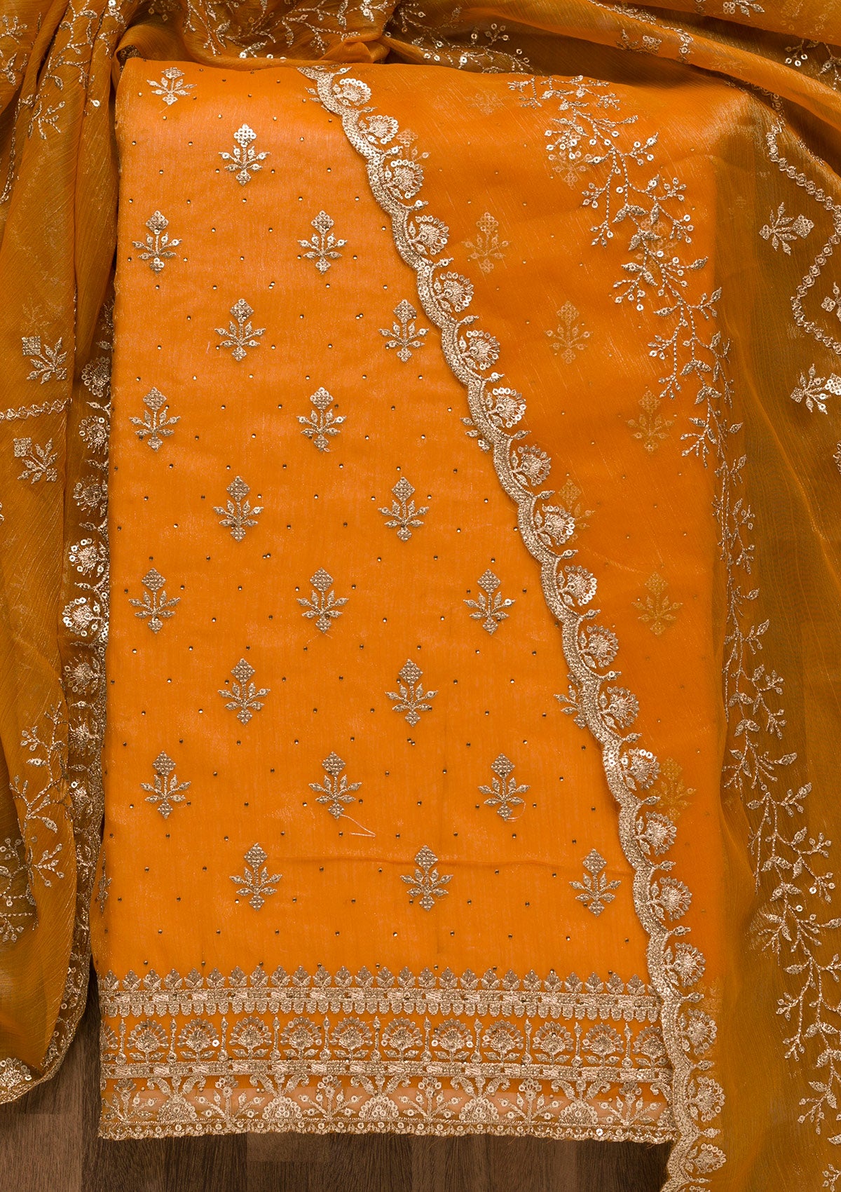 Mustard Zariwork Shimmer Georgette Unstitched Salwar Suit