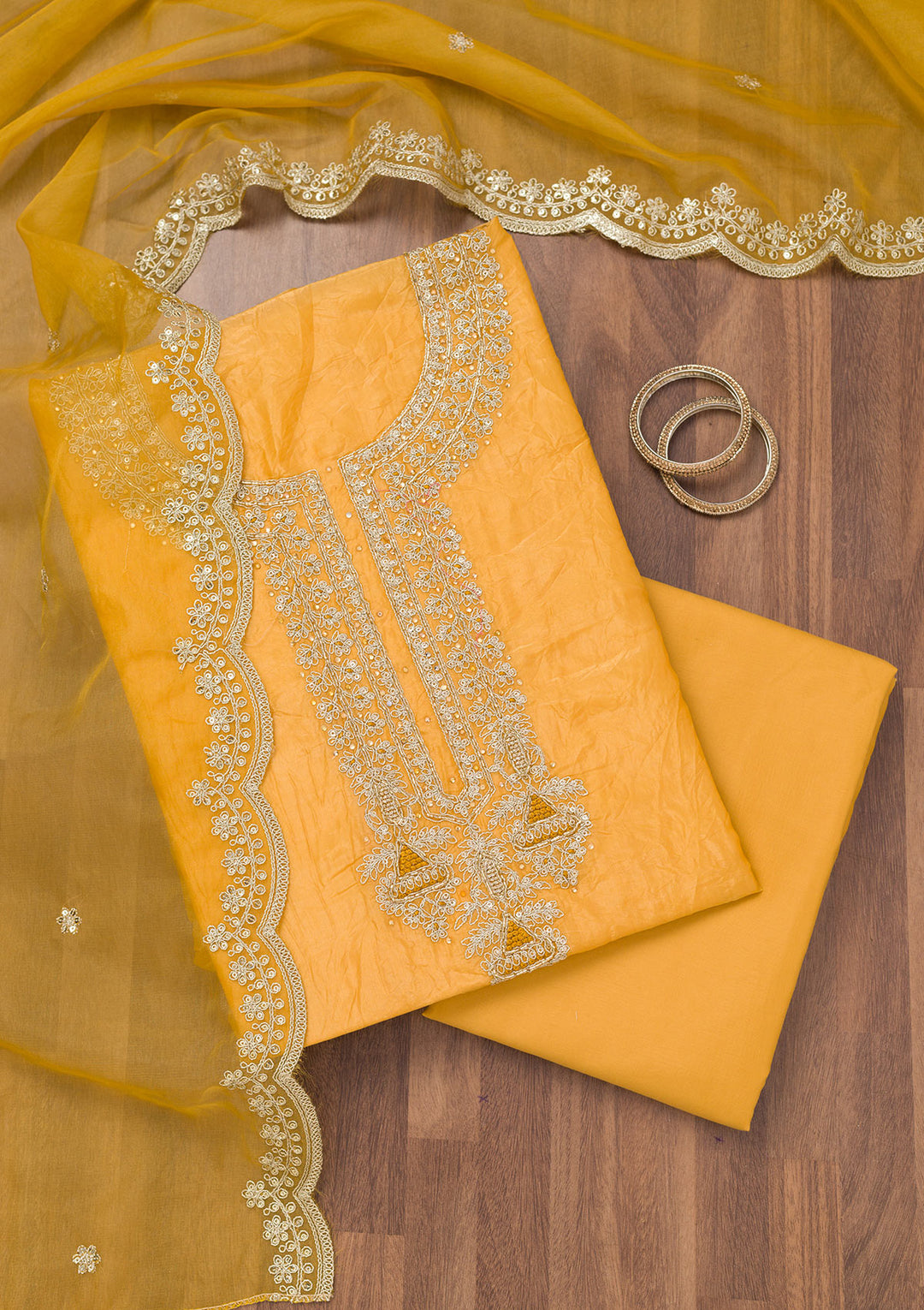 Mustard Zariwork Tissue Unstitched Salwar Suit