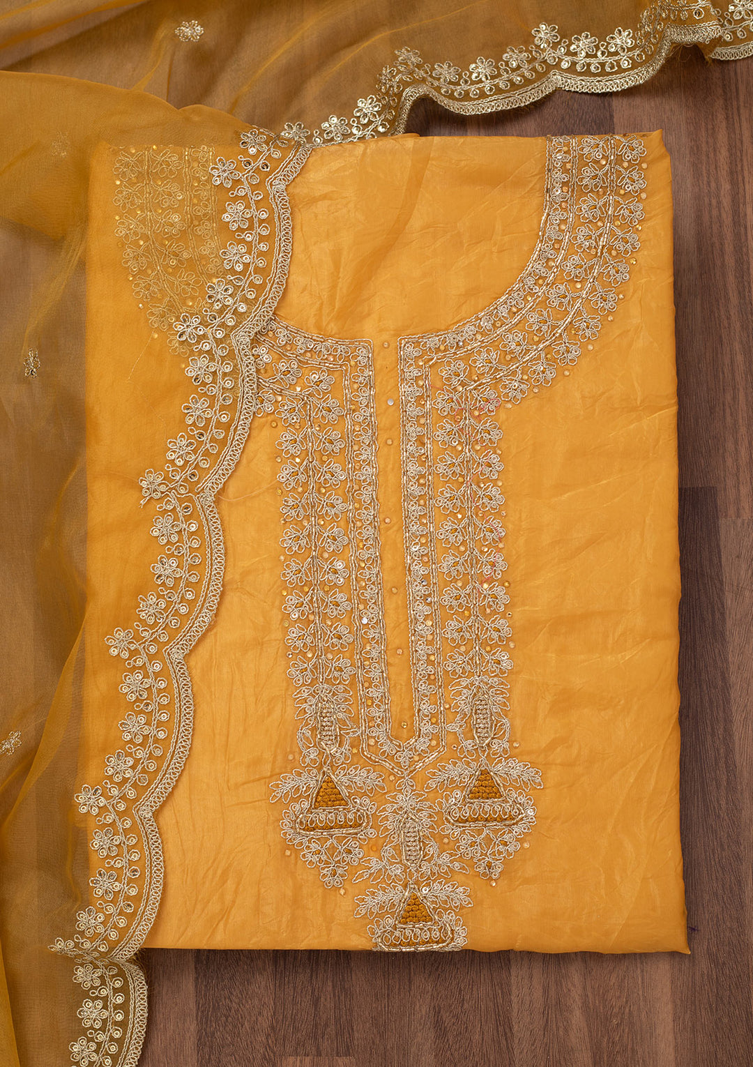 Mustard Zariwork Tissue Unstitched Salwar Suit
