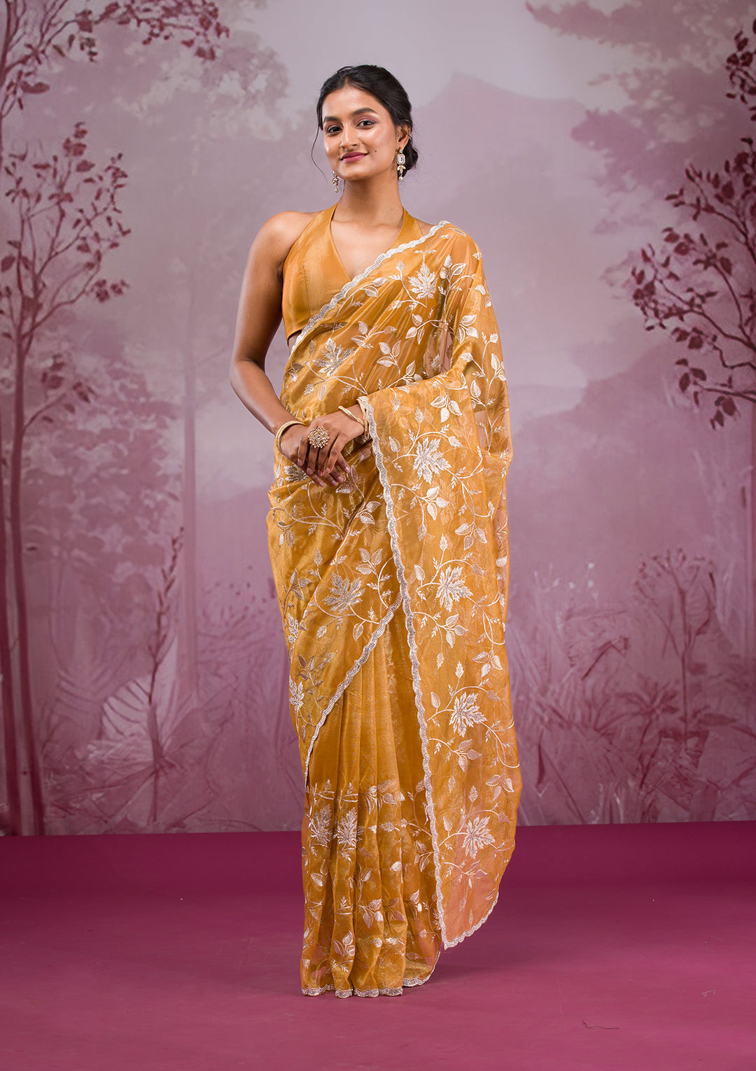 Mustard Zariwork Tissue Saree