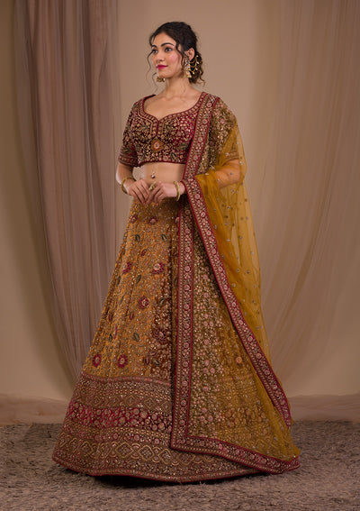 Mustard Zariwork Velvet Readymade Lehenga-Koskii