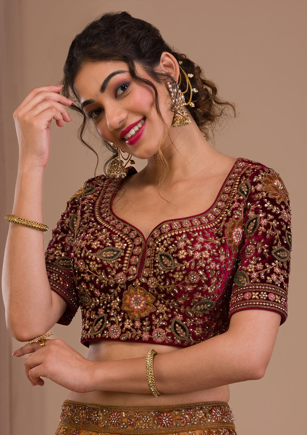 Mustard Zariwork Velvet Readymade Lehenga-Koskii