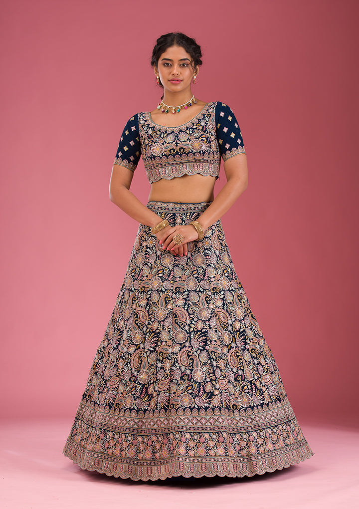 Navy Blue Kashmiri Georgette Semi Stitched Lehenga