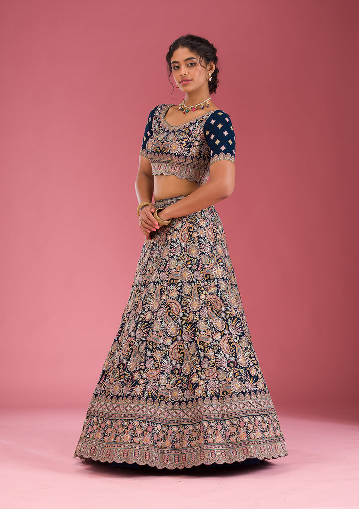 Navy Blue Kashmiri Georgette Semi Stitched Lehenga