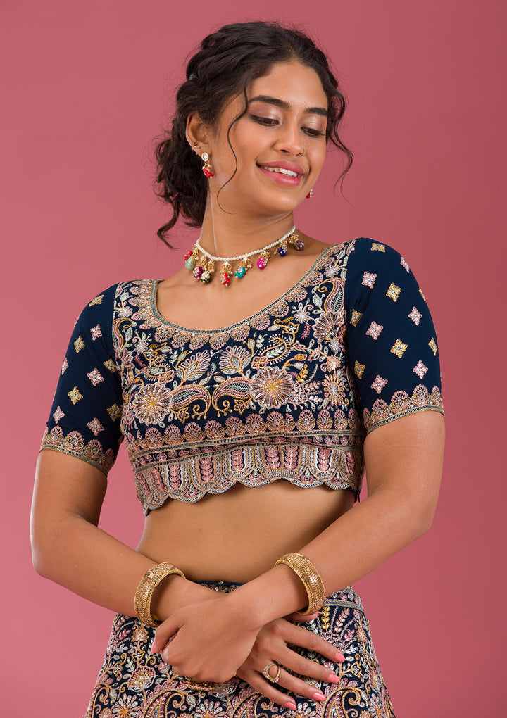 Navy Blue Kashmiri Georgette Semi Stitched Lehenga