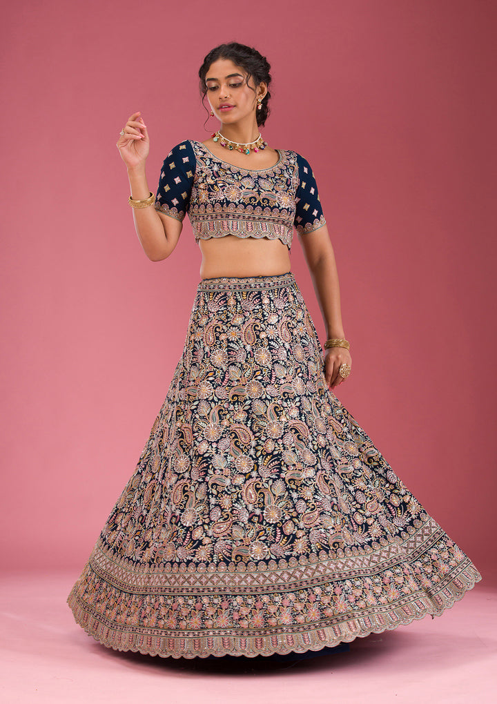 Navy Blue Kashmiri Georgette Semi Stitched Lehenga