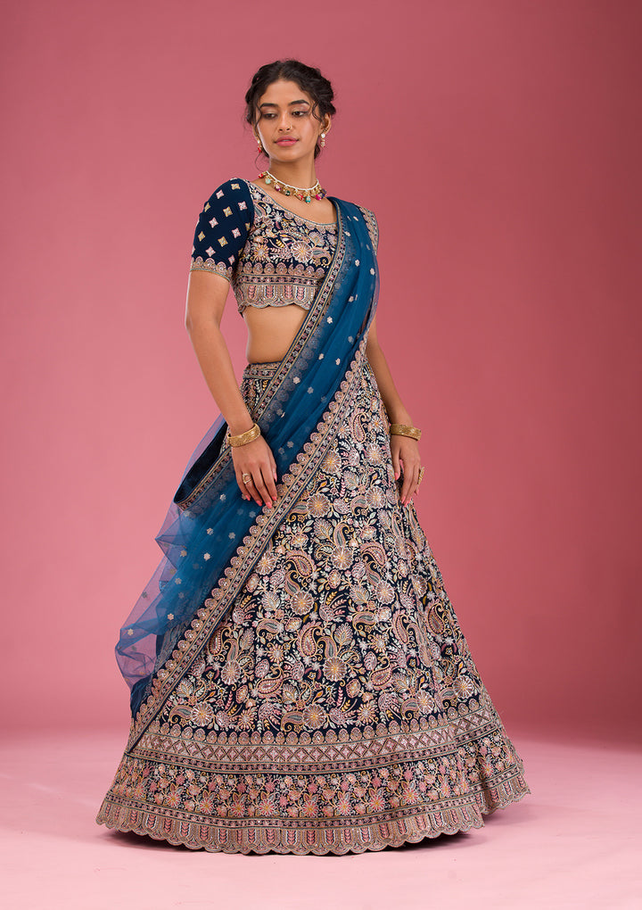 Navy Blue Kashmiri Georgette Semi Stitched Lehenga
