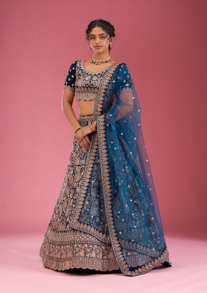 Navy Blue Kashmiri Georgette Semi Stitched Lehenga