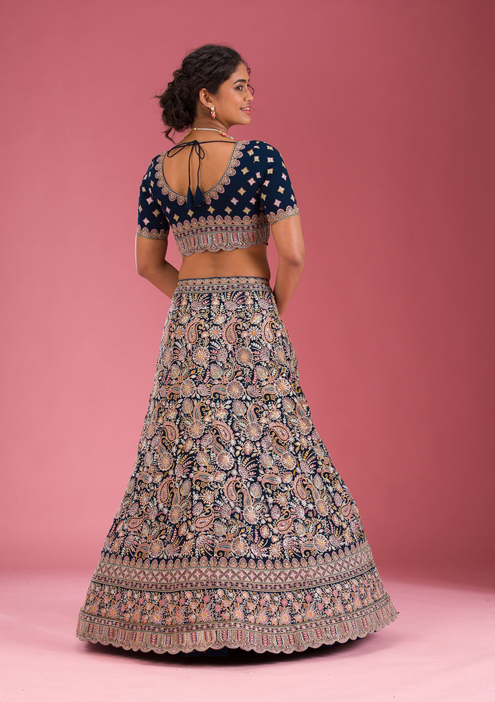 Navy Blue Kashmiri Georgette Semi Stitched Lehenga