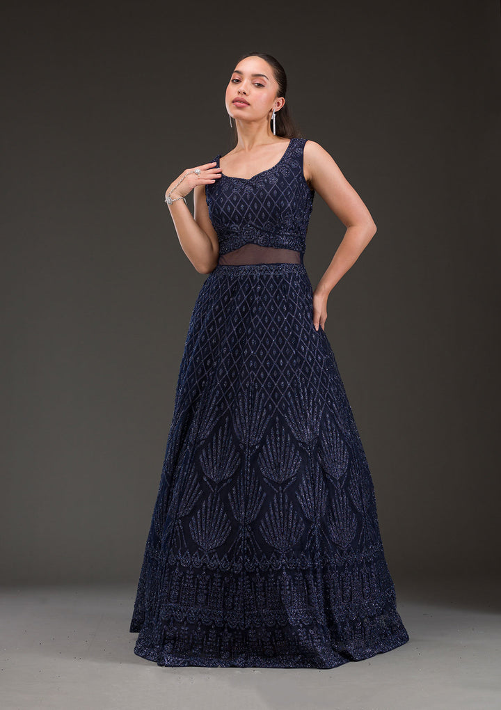 Navy Blue Cutdana Net Gown