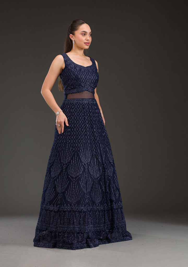Navy Blue Cutdana Net Gown