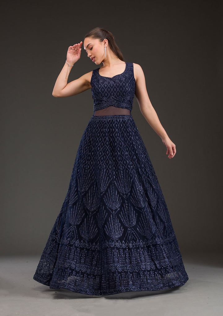 Navy Blue Cutdana Net Gown