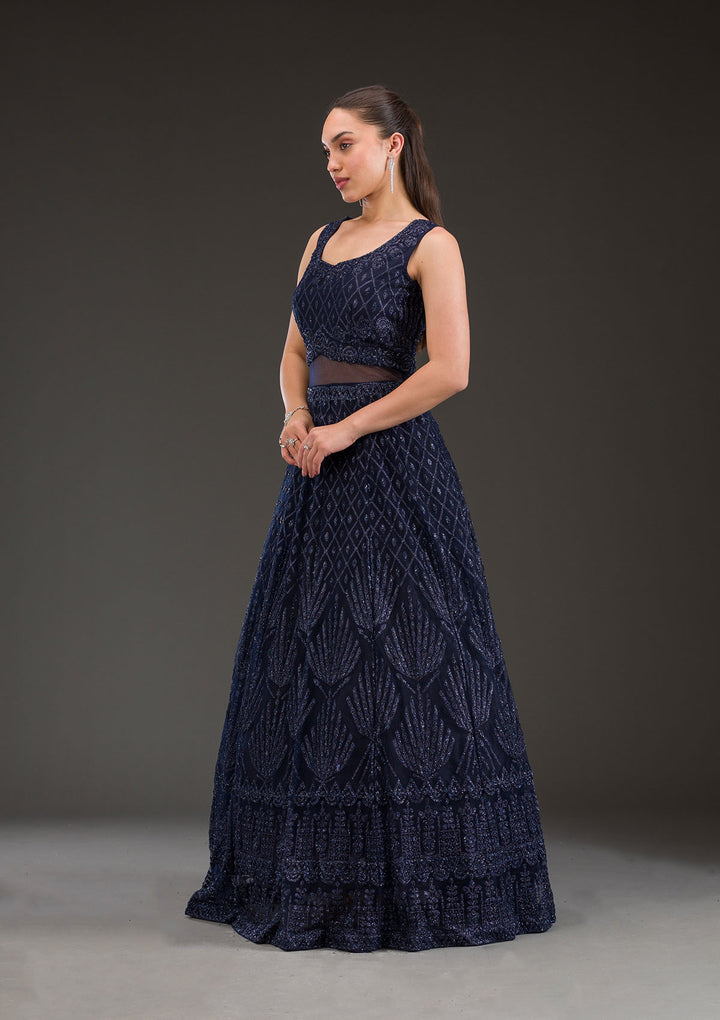 Navy Blue Cutdana Net Gown