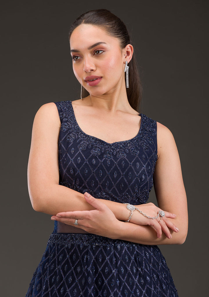 Navy Blue Cutdana Net Gown