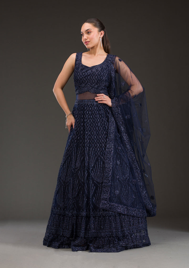 Navy Blue Cutdana Net Gown