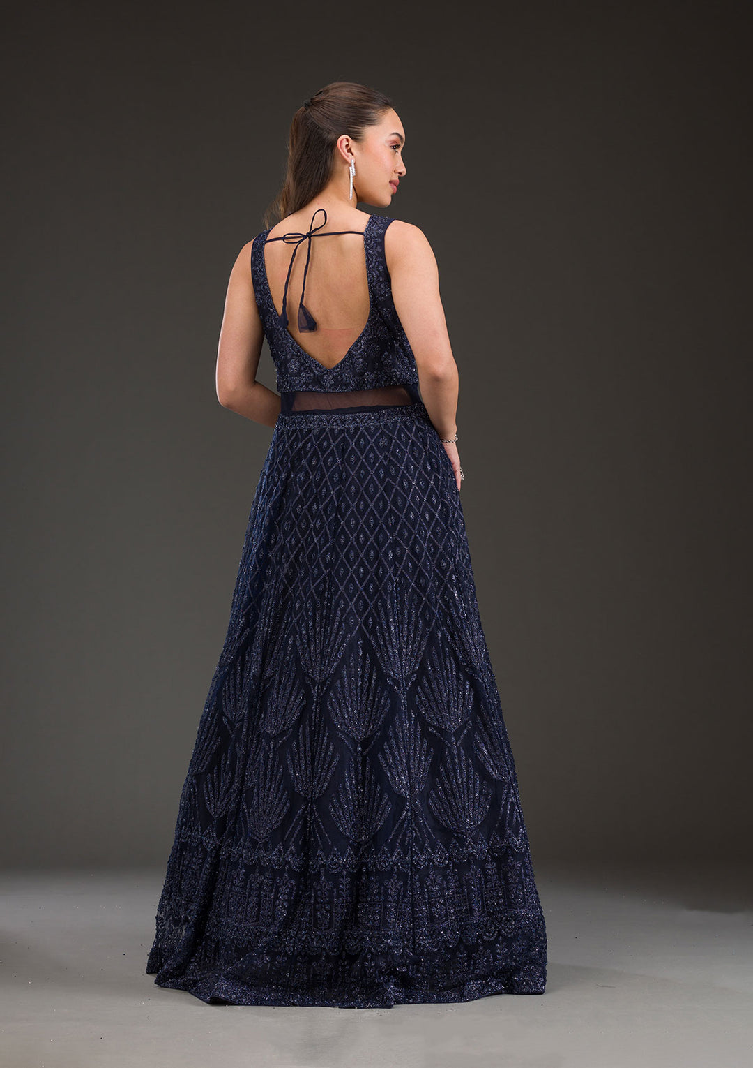 Navy Blue Cutdana Net Gown