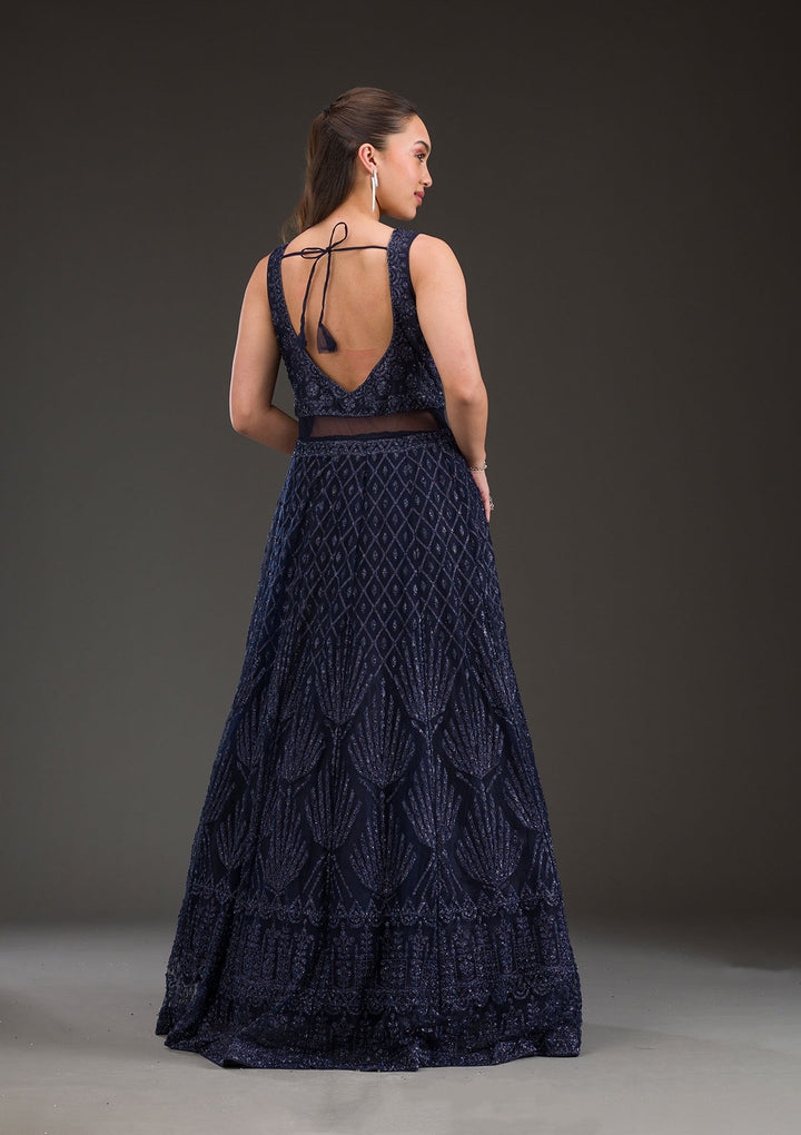 Navy Blue Cutdana Net Gown