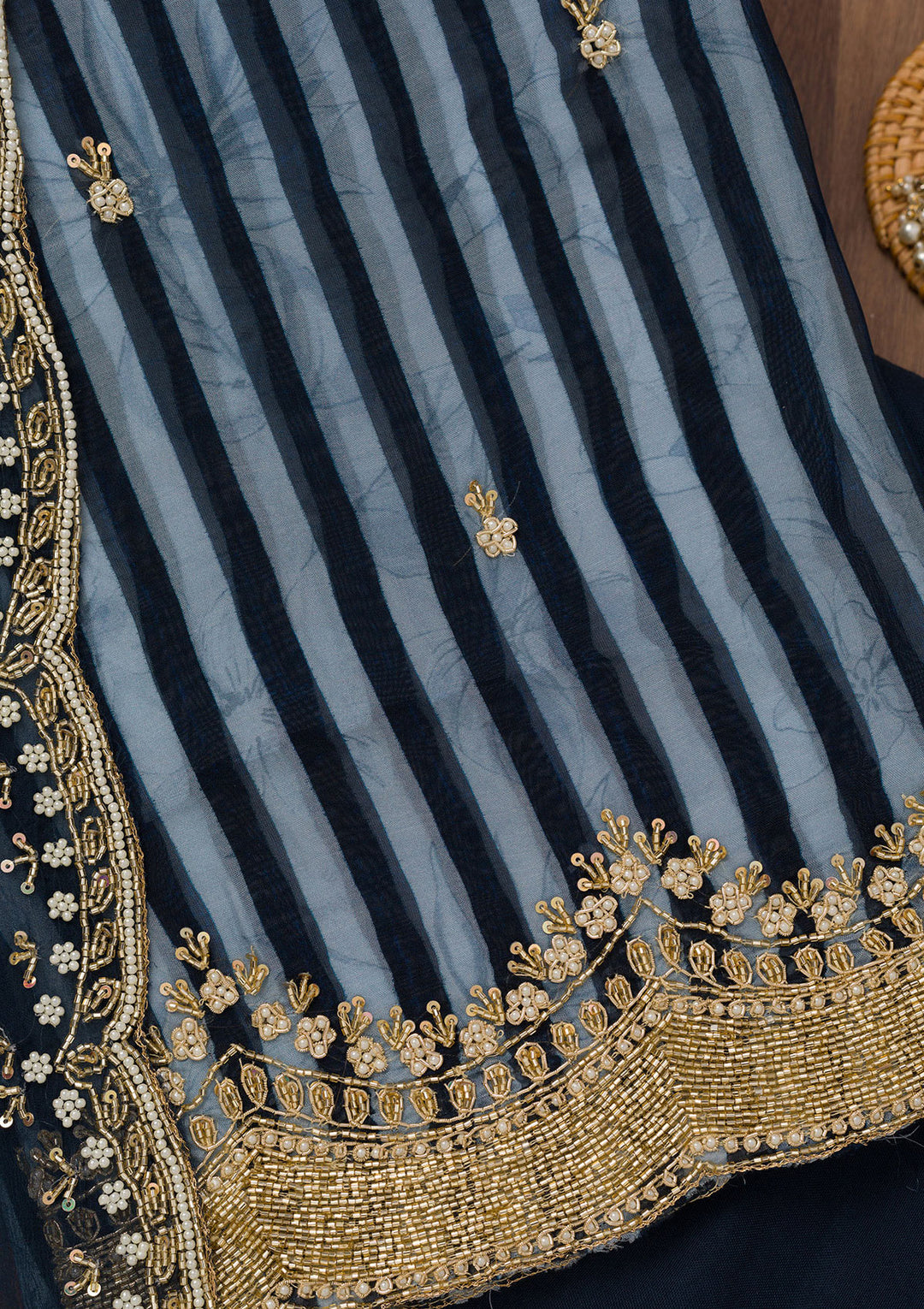 Navy Blue Cutdana Semi Crepe Unstitched Salwar Suit