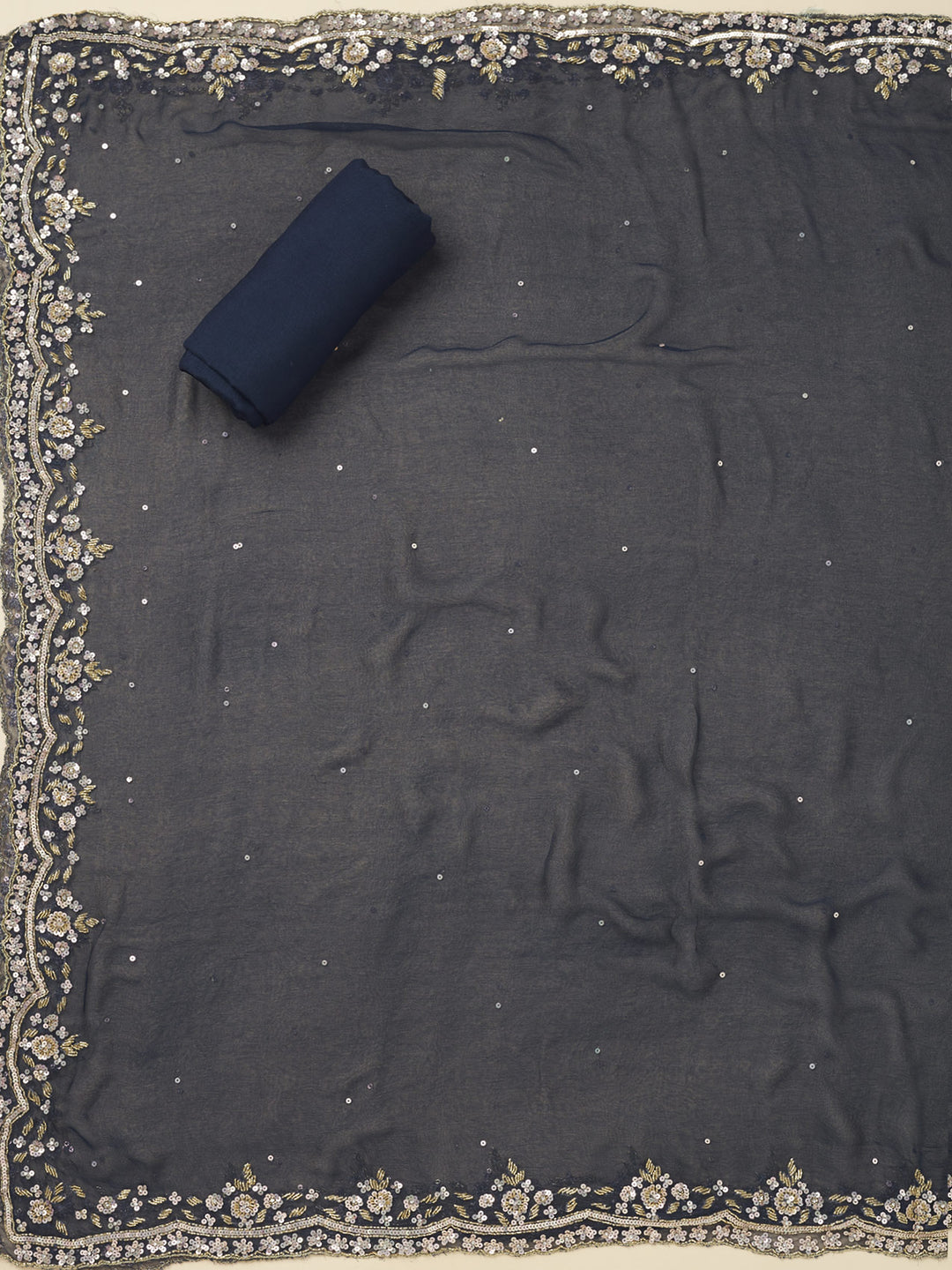 Navy Blue Cutdana Semi Crepe Unstitched Salwar Suit