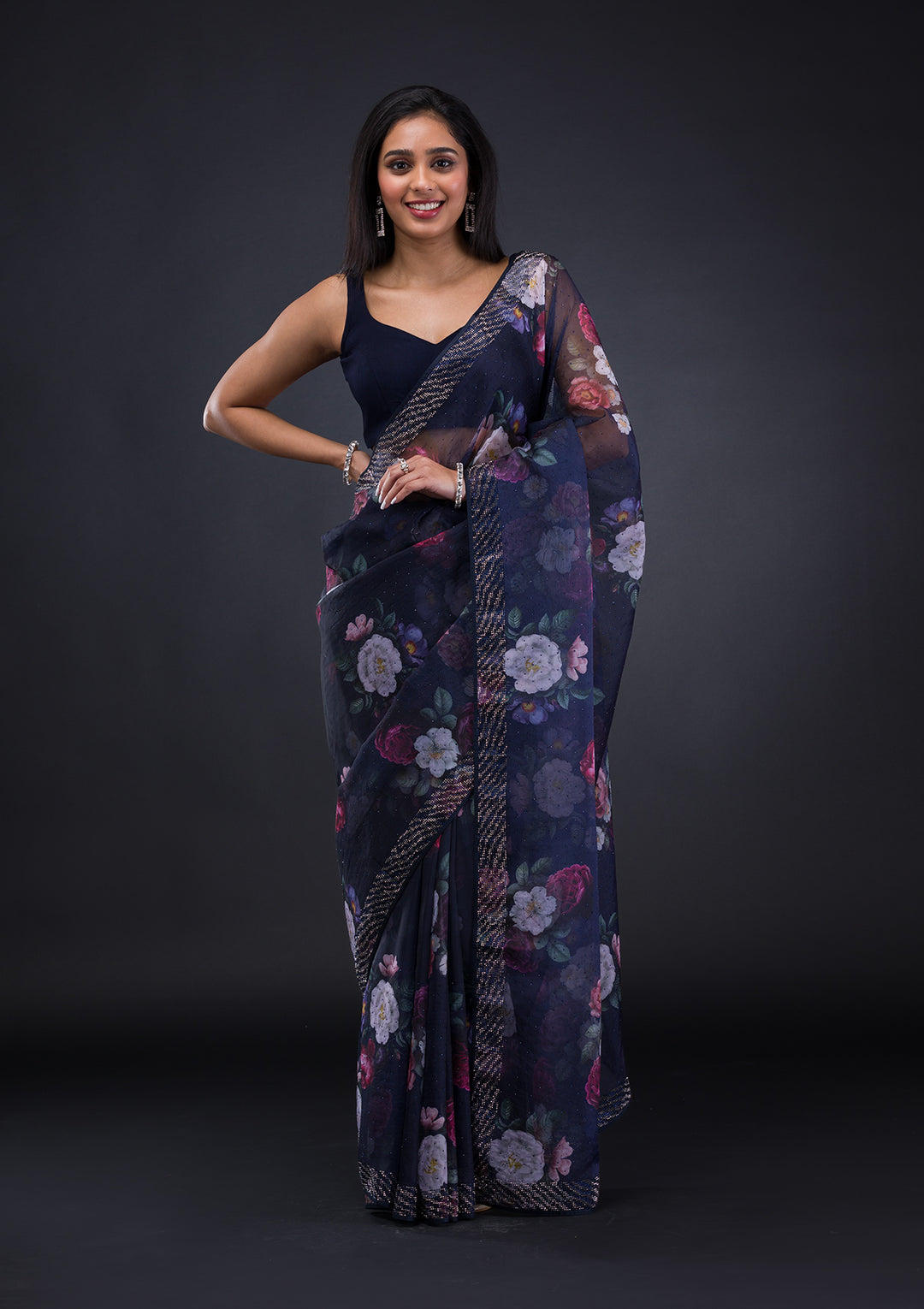 Navy Blue Floral Organza Saree