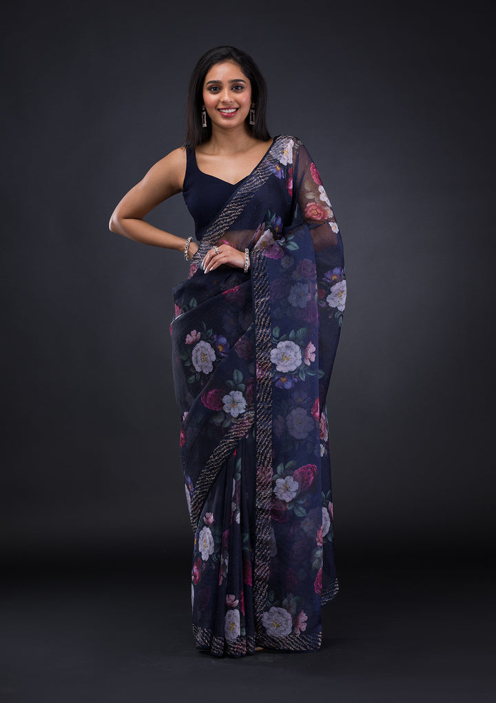 Navy Blue Floral Organza Saree