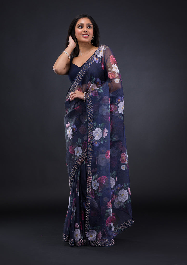 Navy Blue Floral Organza Saree