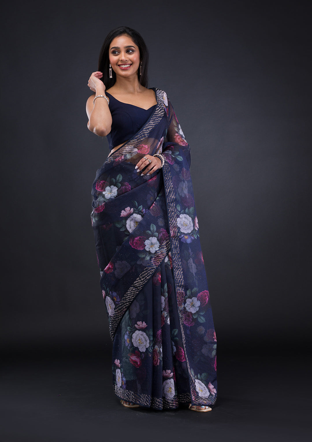 Navy Blue Floral Organza Saree