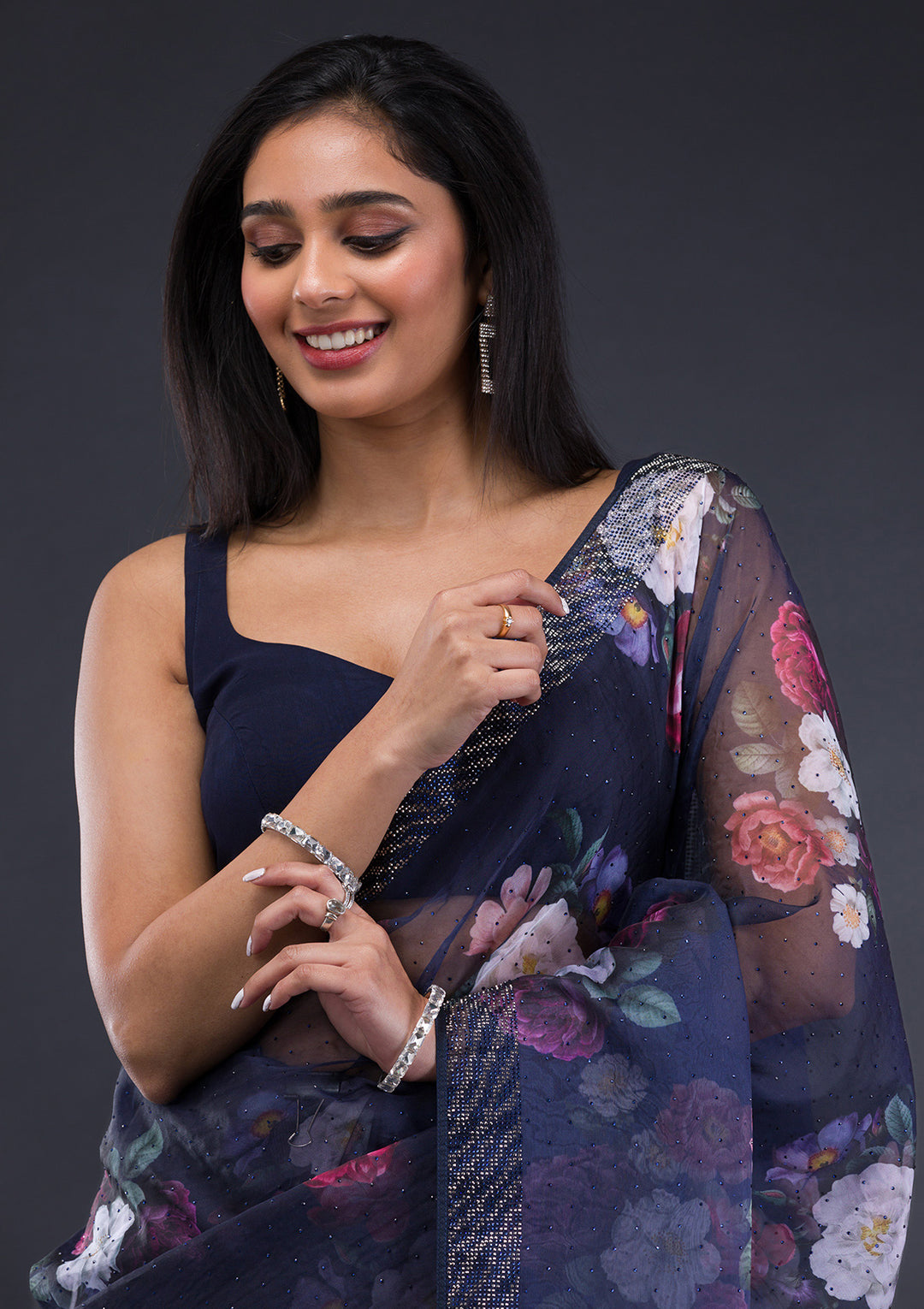 Navy Blue Floral Organza Saree