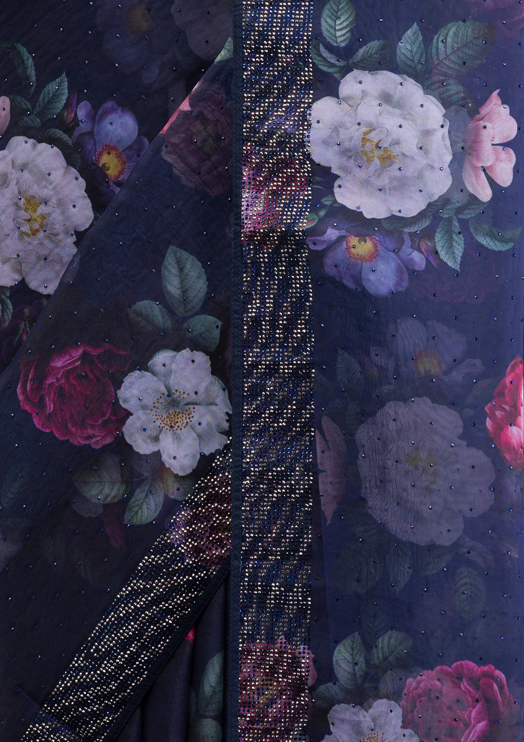 Navy Blue Floral Organza Saree