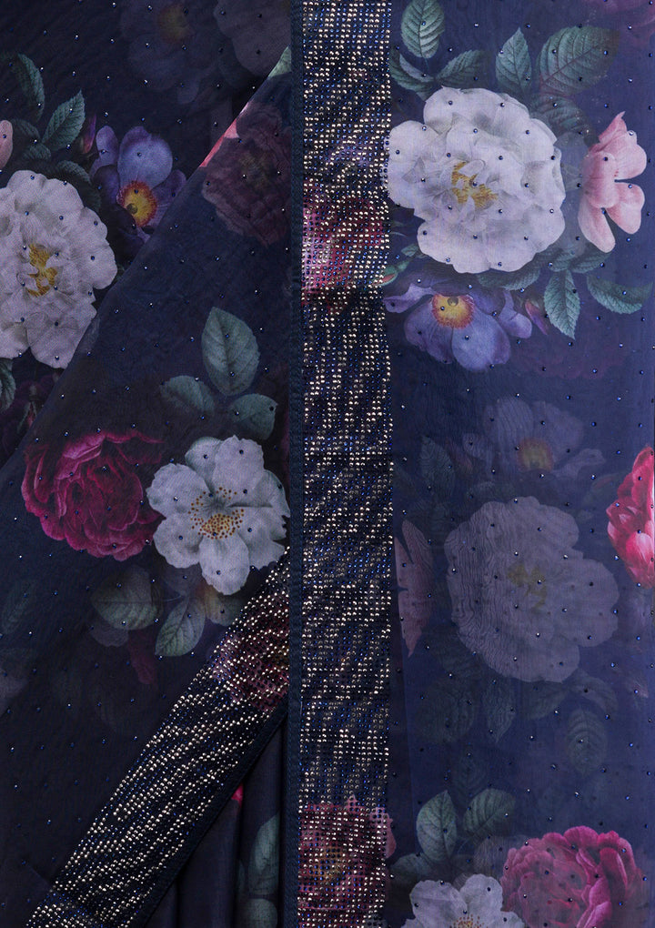 Navy Blue Floral Organza Saree