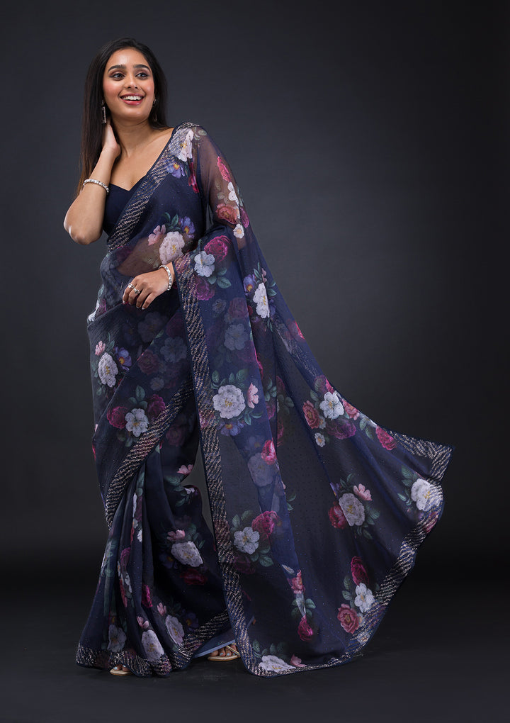 Navy Blue Floral Organza Saree