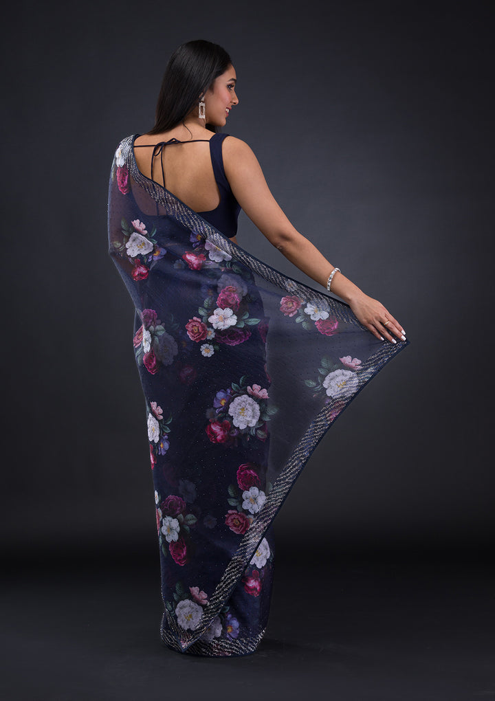 Navy Blue Floral Organza Saree