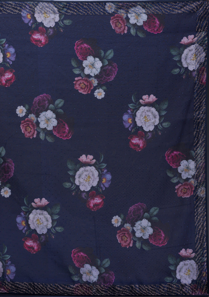 Navy Blue Floral Organza Saree