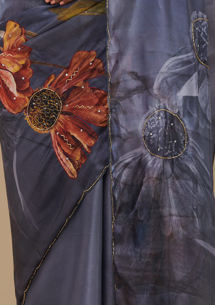 Navy Blue Printed Tissue Saree